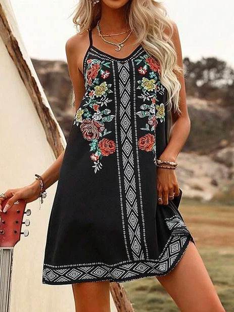 Holiday Ethnic Printing Slip Dress - Mubimart