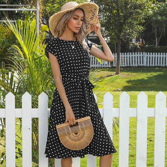 Summer Women Polka Dot Short Sleeve Dress Casual Bandage Party Pleated Midi Dresses Elegant Green Office Lady Clothing - Mubimart
