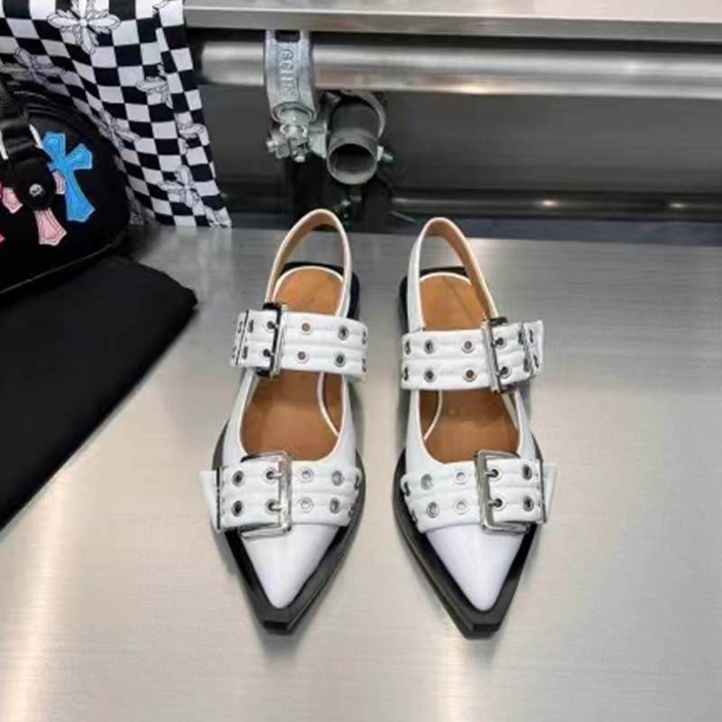 Pointed Toe Belt Buckle Mules Leather Flat Sandals - Mubimart
