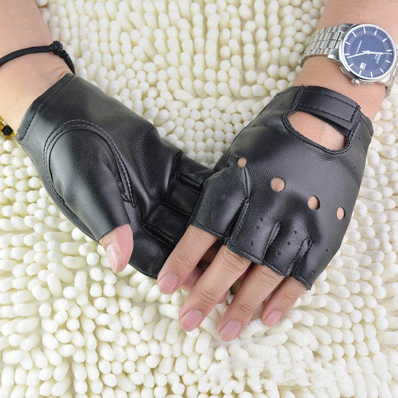 Men's Half Finger Hollow Leather Gloves - Mubimart