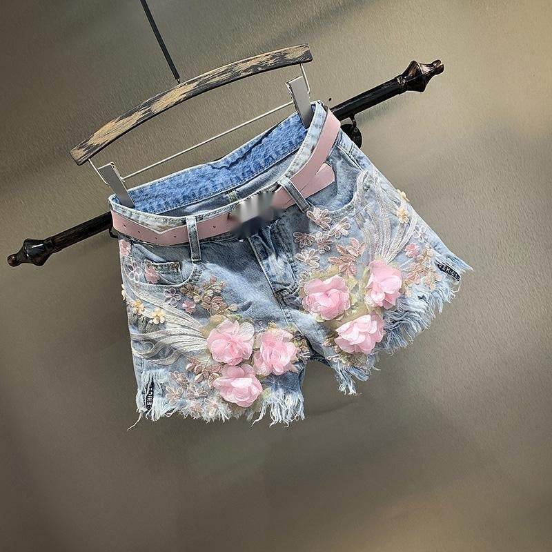 New Embroidery Beads Loose Straight Denim Shorts Women - Mubimart