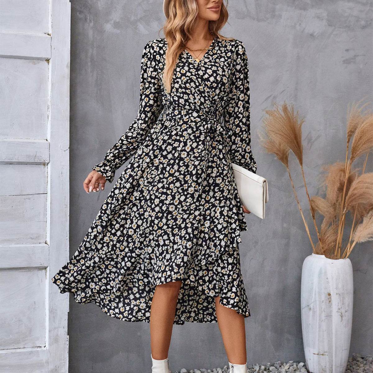 Flowers Print Long Sleeve Dress Fashion Ruffled Commuter Temperament Dresses Womens Clothing - Mubimart