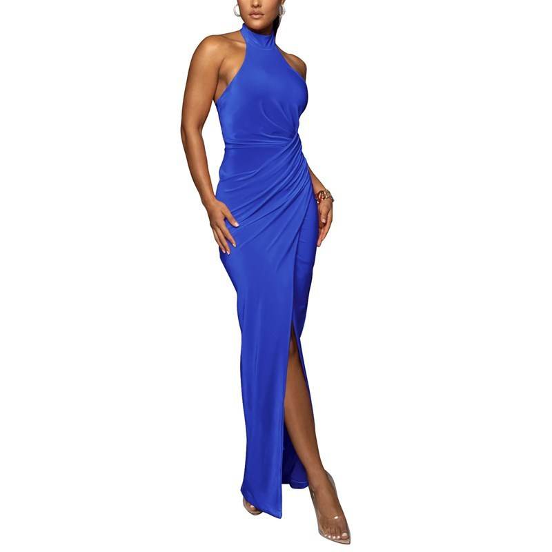 Halter Slit Formal Dress Long Dress Pleated Sleeveless - Mubimart