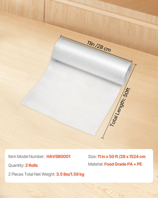 Vacuum Sealer Bags 2 Rolls 11 In X 50 Ft Non-BPA Food Grade Sealing Storage Bag