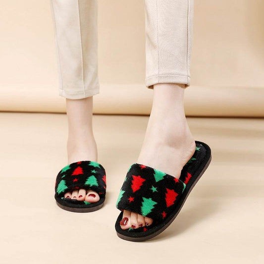 Christmas Tree Home Slippers Fashion Floor Bedroom Open-toe Plush Slippers For Women Fuzzy House Shoes - Mubimart