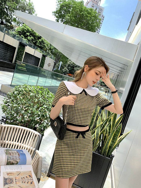 Doll Collar Plaid Crop Top Women High Waist Skirt - Mubimart