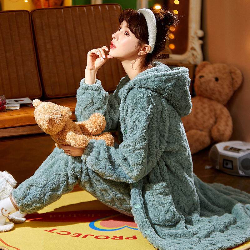 Long Flannel Robe Bathrobe Loungewear Set - Mubimart