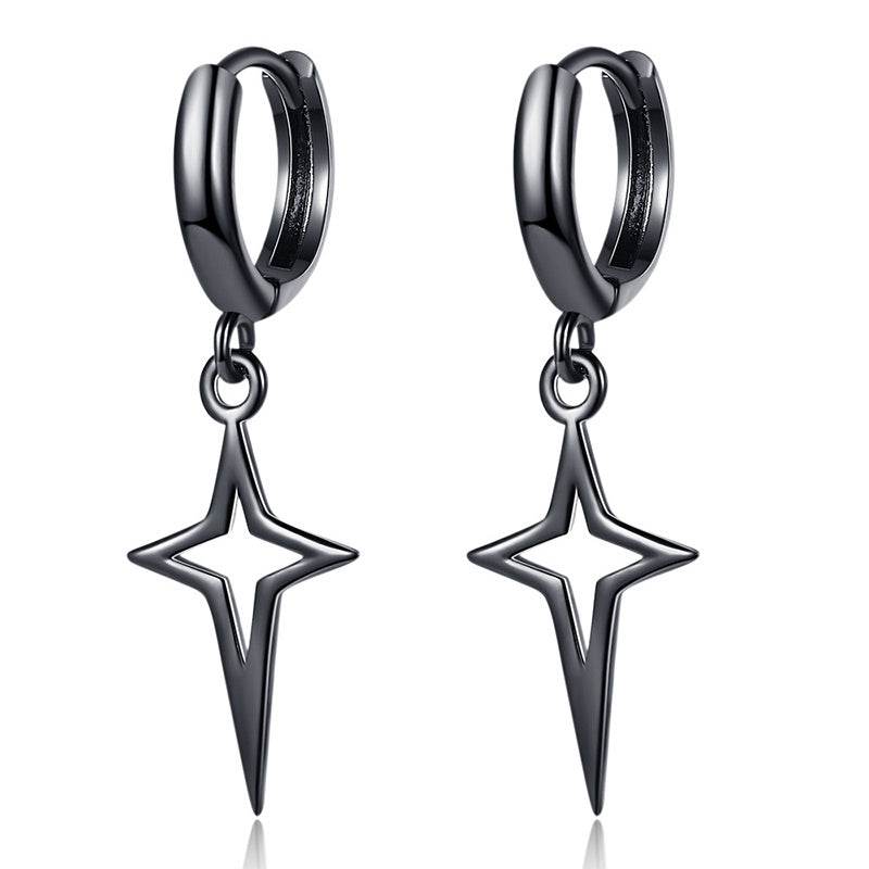 Hip Hip Men Earrings Jewelry Punk Silver Black Hollow Star Cross Pendant Small Hoop Stud Earrings For Women - Mubimart