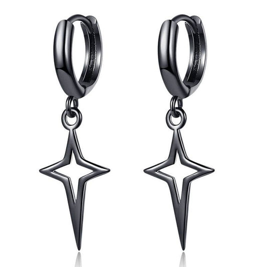 Hip Hip Men Earrings Jewelry Punk Silver Black Hollow Star Cross Pendant Small Hoop Stud Earrings For Women - Mubimart