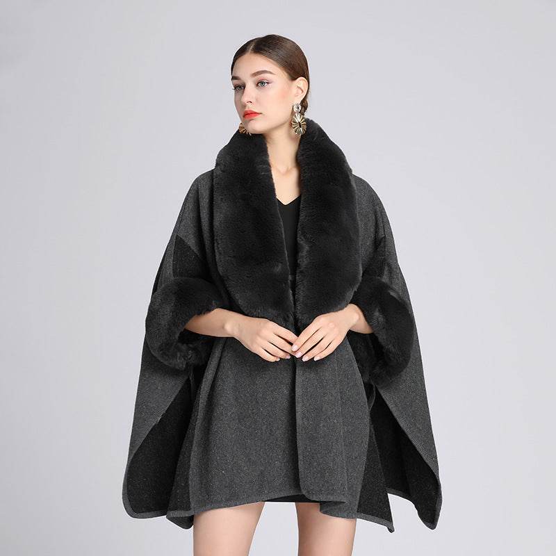 Imitation Rex Rabbit Fur Collar Cape And Shawl Women's Plus Size Loose Woolen Coat - Mubimart