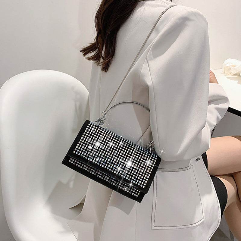 Chain Crossbody Bag Women Handbag Glitter Crystals Plain Daily Silver Black Shoulder Bag - Mubimart