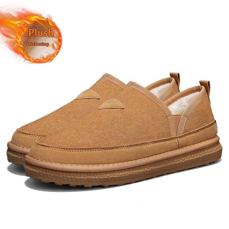 V-cut Fleece Snow Boots Winter Warm Round-toed Suede Ankle Boot Fashion Simple Non-slip Flat Cotton Shoes For Men - Mubimart