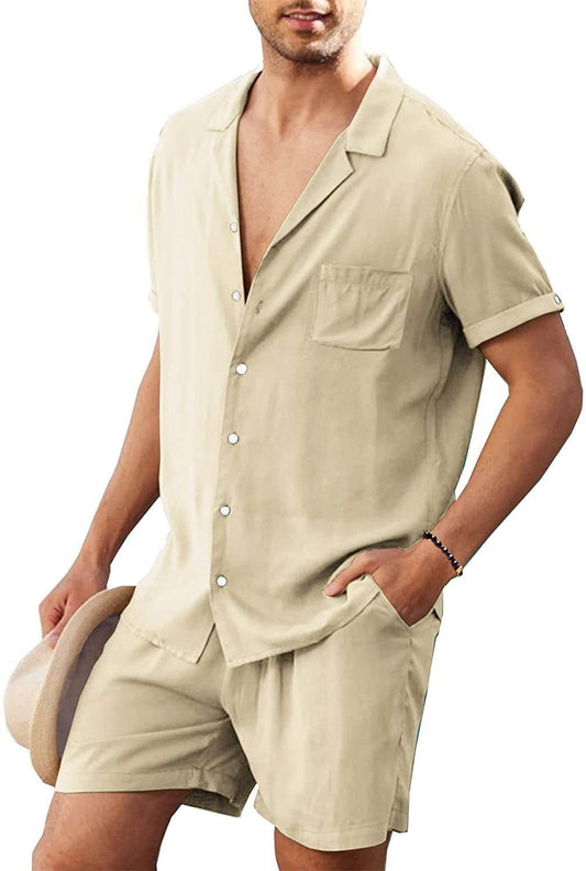 Men's Linen Short Sleeve Shirt Set Linen - Mubimart