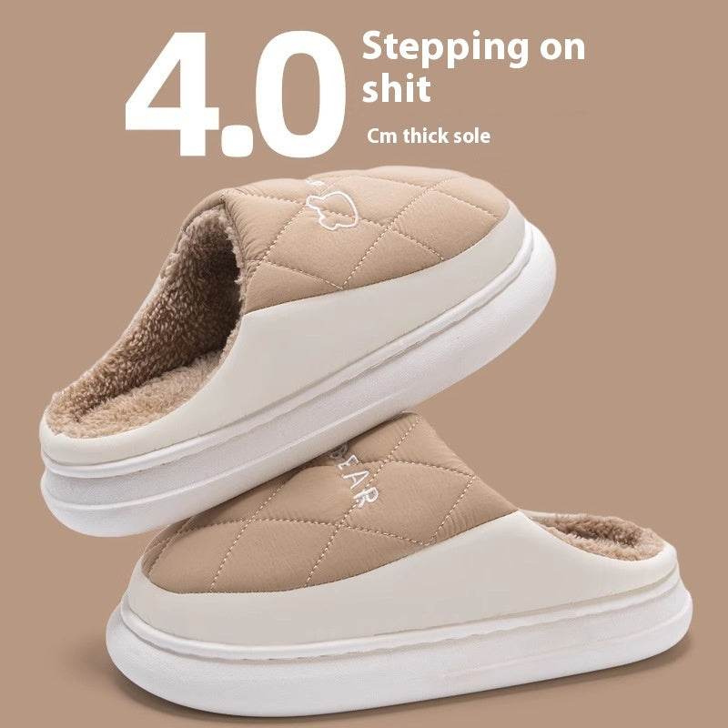 Rhombic Sewing Plush Slippers For Men Winter Warm Non-slip House Shoes Women's Bedroom Floor Home Slipper Couple - Mubimart