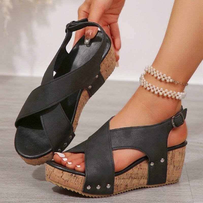 Women's Rivet Wedges Snadals Thick Bottom Fish Mouth Shoes Summer - Mubimart