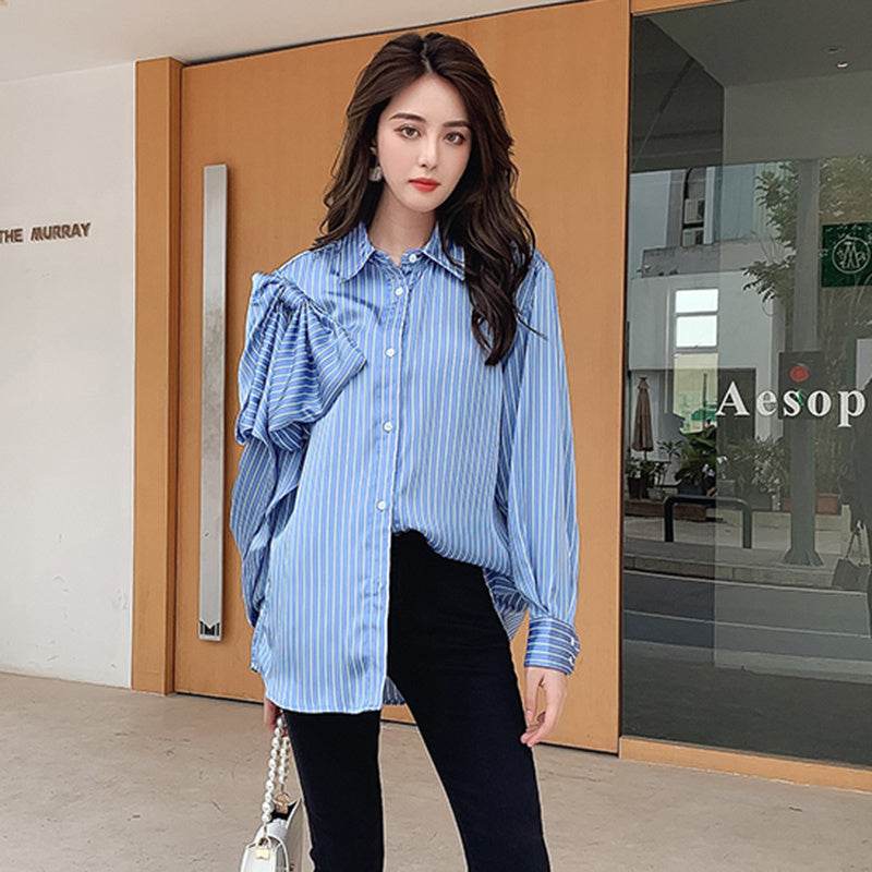 Casual Blue Striped Shirts For Women Lapel Long Sleeve Korean Bowknot Patchwork Blouses - Mubimart
