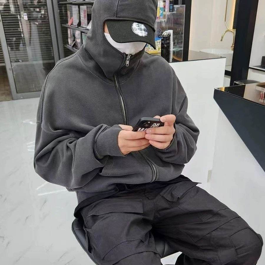 Loose Casual Hoodie Sweater Mask Zipper Distressed Cardigan - Mubimart