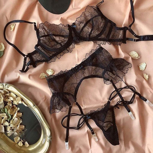 See-through Thin Lace Garter Belt Three Pieces - Mubimart