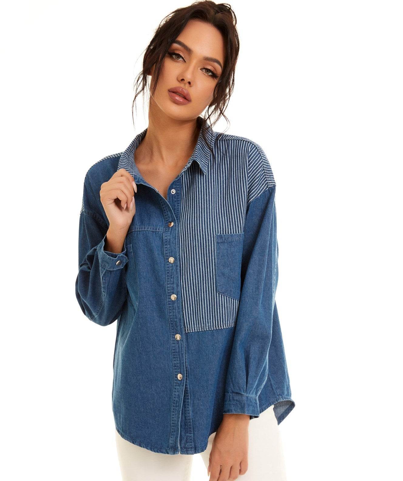 Loose Stitching Striped Shirt Jacket - Mubimart