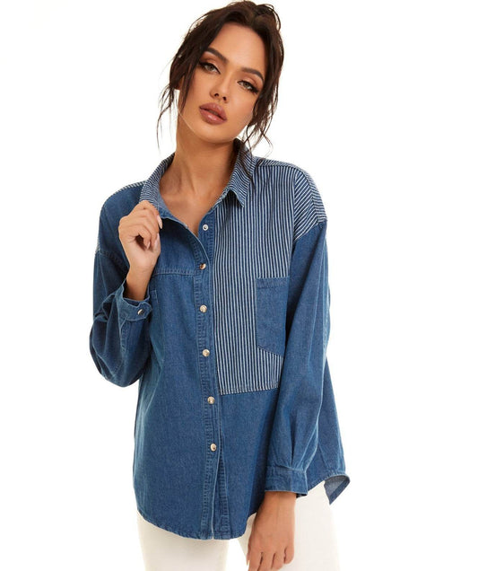 Loose Stitching Striped Shirt Jacket - Mubimart