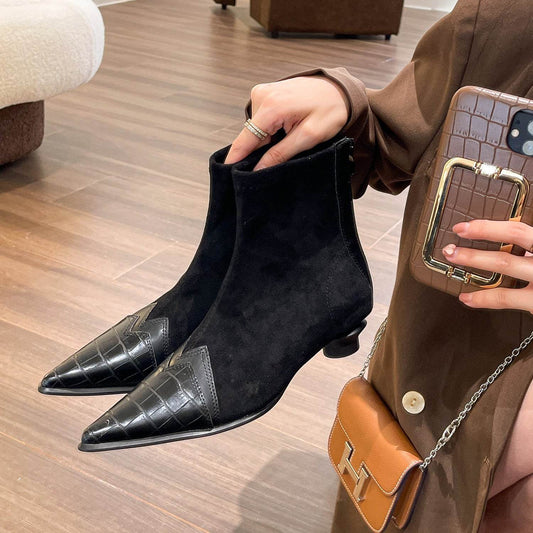 Retro Patchwork Pointed Boots Back Zipper Kitten Heel - Mubimart