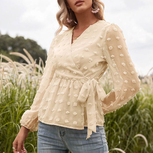 Jacquard Lace V-neck Long-sleeved Blouse Women - Mubimart