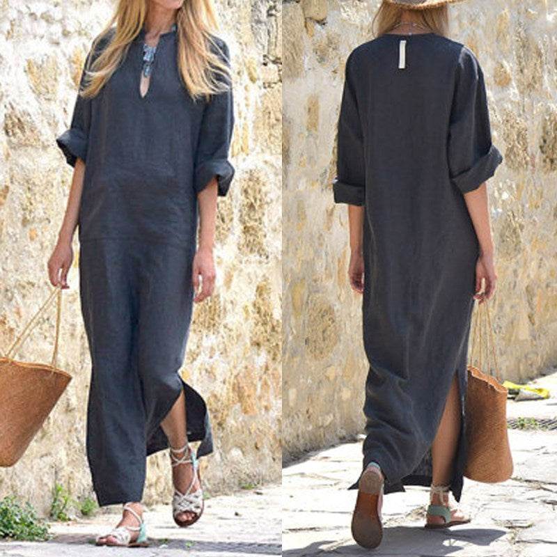 European And American Loose V-neck Plus Size Half Sleeve Split Maxi Dress - Mubimart
