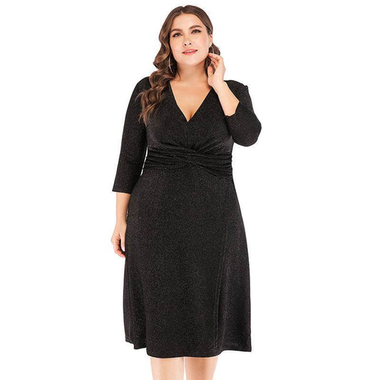 Plus Size V-neck 34 Sleeves High Waist Midi Skirt Bright Silk Party Dress - Mubimart