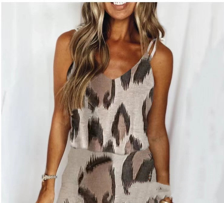 Printed Leopard V-Neck Slip Dress - Mubimart -  