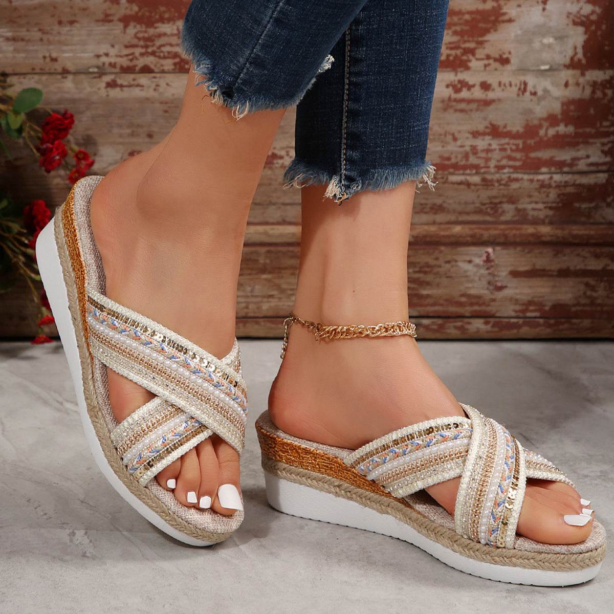 Linen Wedge Sandals Summer Ethnic Style Cross-strap Sandals For Women Non-slip Slides Beach Shoes - Mubimart