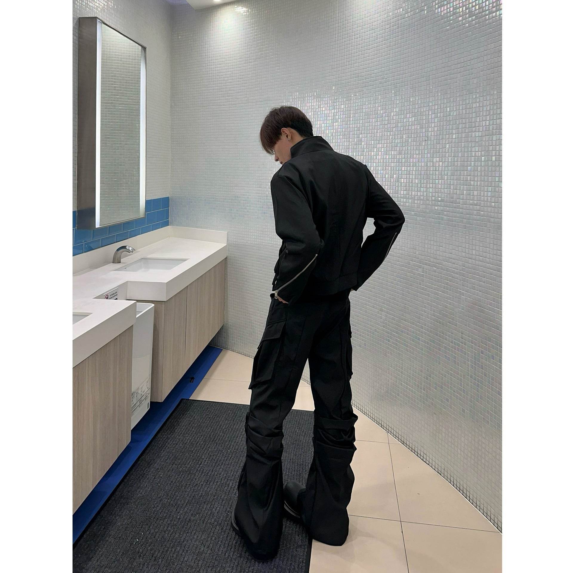 Large Pocket Pleated Black Cargo Pants Men - Mubimart