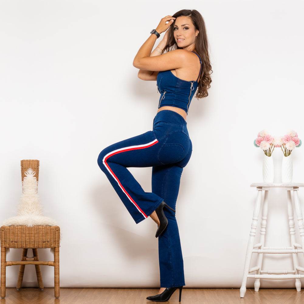 Shascullfites Shaper Set Women 2 Pieces Set Dark Blue Striped Flared Lift Jeggings Button Up Bum Lift Jeans - Mubimart