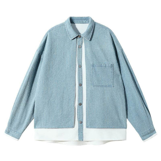 Mens Fake Two Piece Patchwork Denim Jacket Top - Mubimart