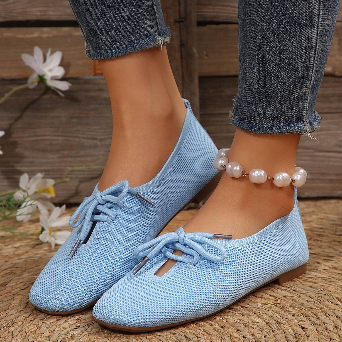 Casual Lace-up Mesh Flats Shoes Women Fashion Solid Color Loafers Lazy Shoes - Mubimart