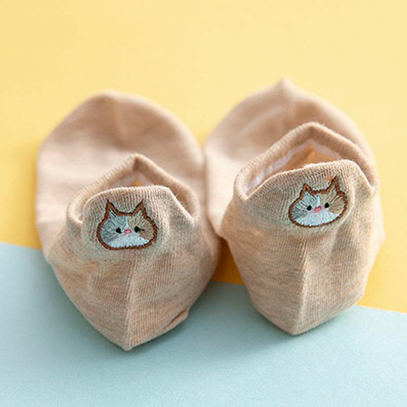 Socks Female Embroidered Cat Boat Socks Shallow Mouth Cute Low Waist - Mubimart