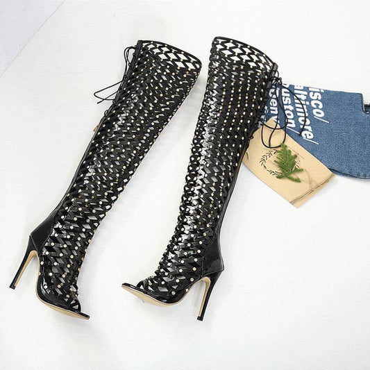 Women's Fashion Hollowed-out High Heel Sandal Boots - Mubimart
