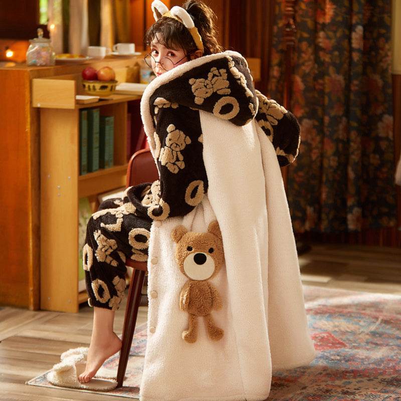 Coral Fleece Nightgown Women Plus Velvet Thickened Flannel Pajamas Can Be Worn Outside Bathrobe Set - Mubimart