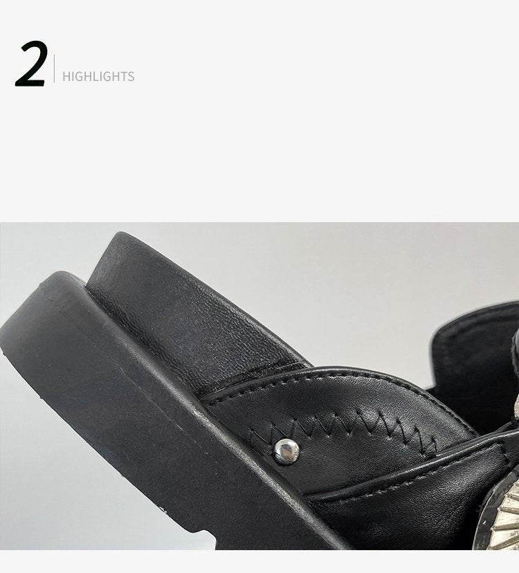 Toe Cap Semi Slipper New British Retro Platform Rivet Flat Shoes - Mubimart