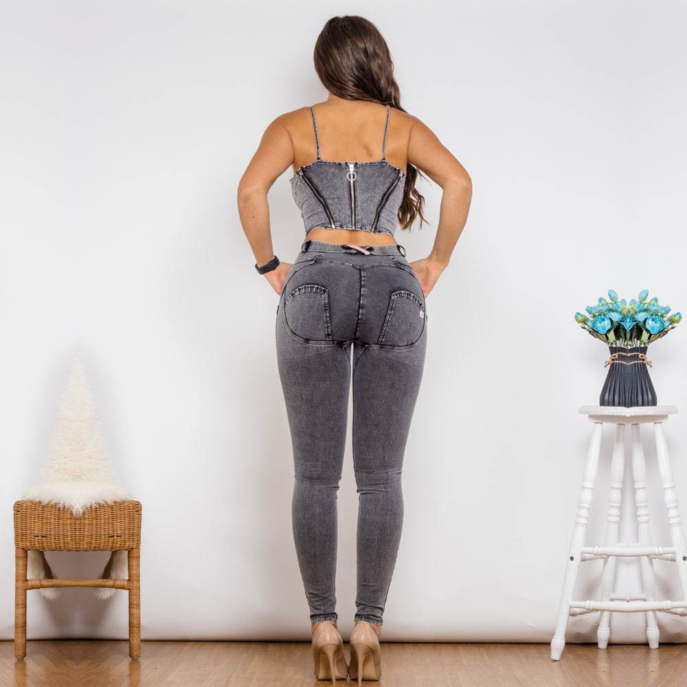 Shascullfites Shaper Suit Grey Denim Zipper Shaper Push Up Top Middle Waist Skinny Jeans Sets Of Women 2 Pieces Elegant - Mubimart
