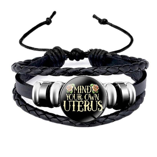 Mind Your Own Uterus Glass Snap Button Charm Bracelet Vintage Multi-layer Leather Bracelets For Women Men - Mubimart