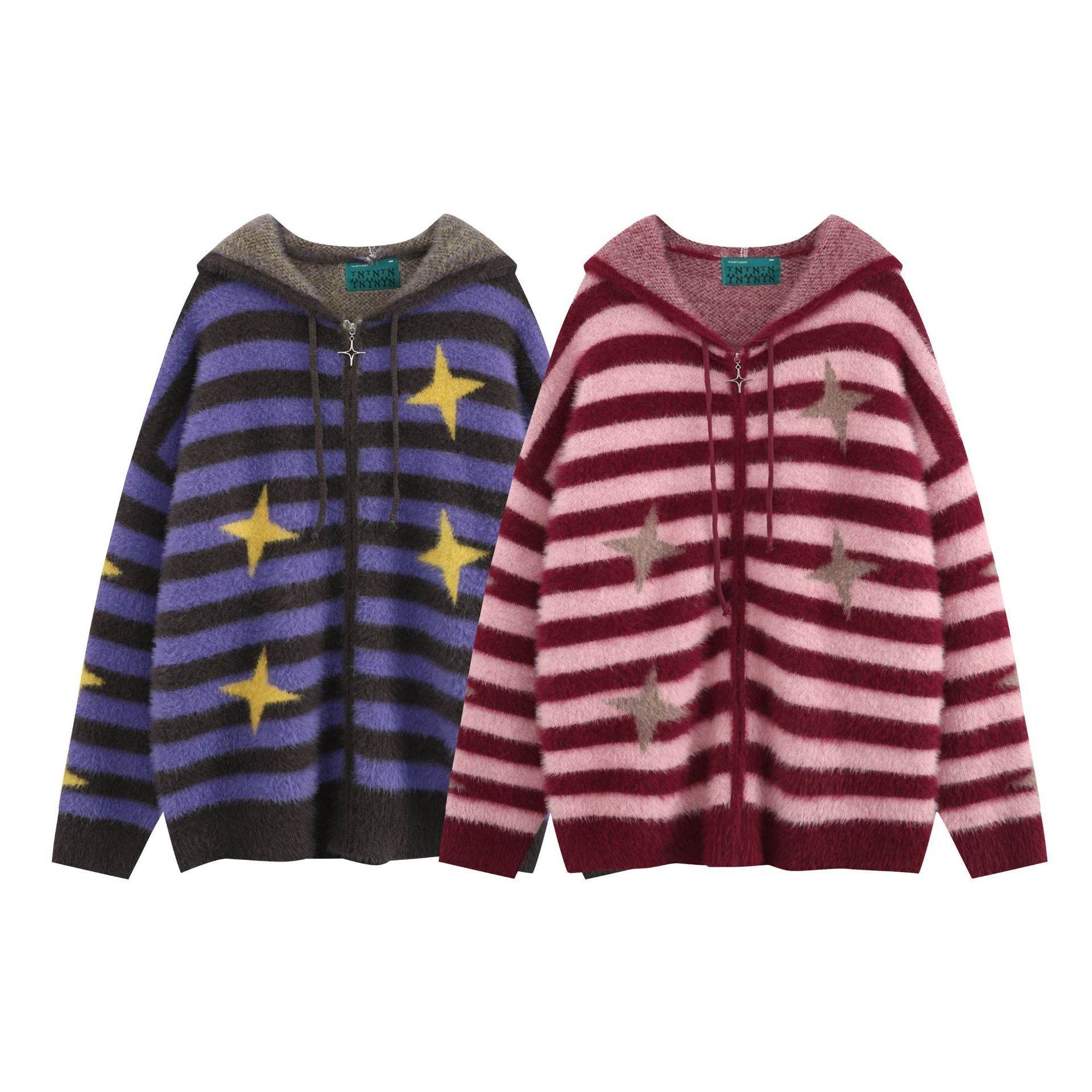 Idle Style Loose Red Striped Hooded Zip Cardigan Sweater Coat - Mubimart