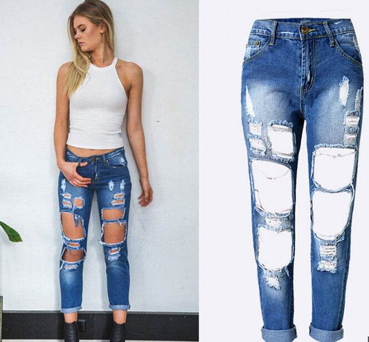 Ripped Jeans High Waist Women Ripped Hole Knee Skinny Pants - Mubimart