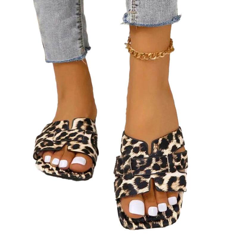 Leopard Print Square Head Women's Slipper - Mubimart