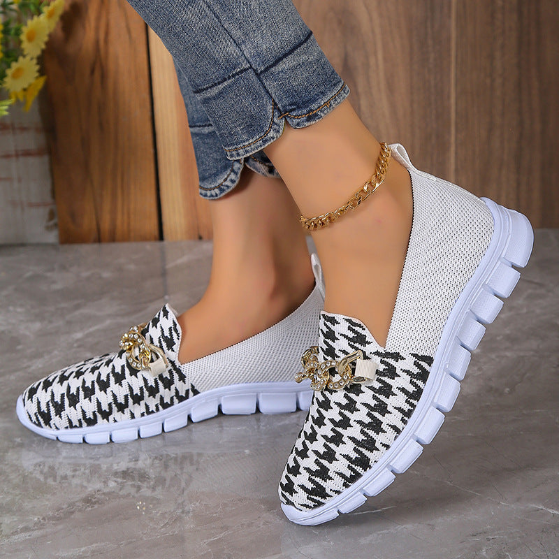 Lässige Houndstooth Print Kette Mesh Schuhe Sommer Walking Sport Flache Schuhe Frauen Atmungsaktive Slipper