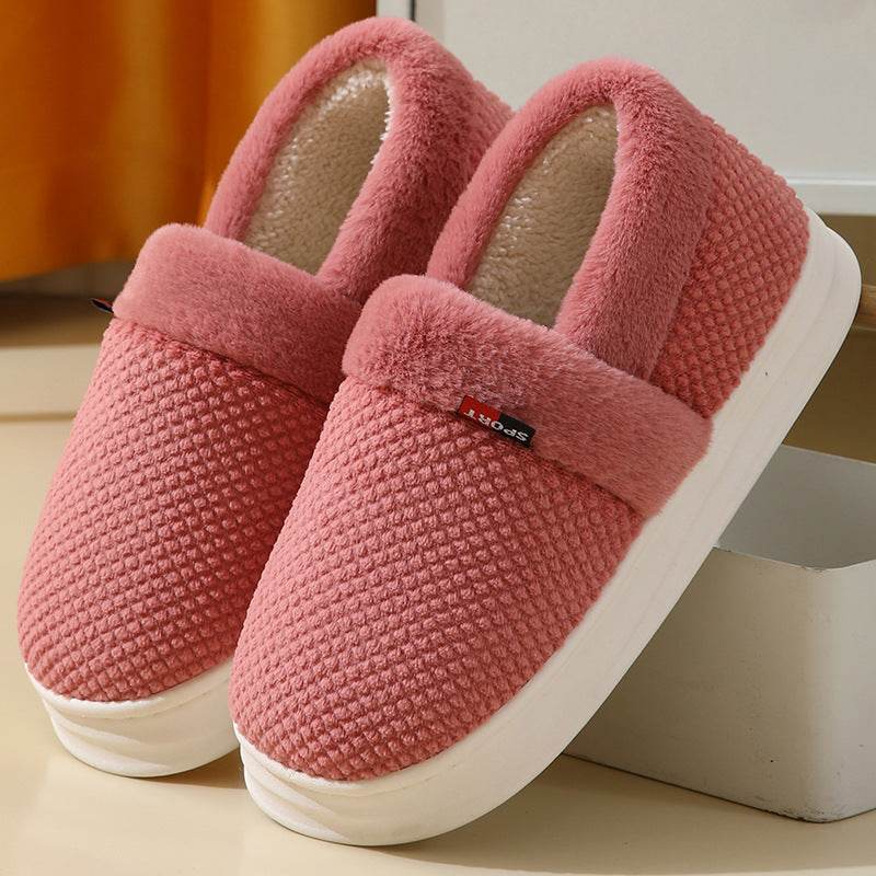Men's Cotton Shoes With Heel Winter Warm Thick Sole Plush Slippers Women Indoor Garden Outerwear Plus Velvet Slipper For Couple - Mubimart