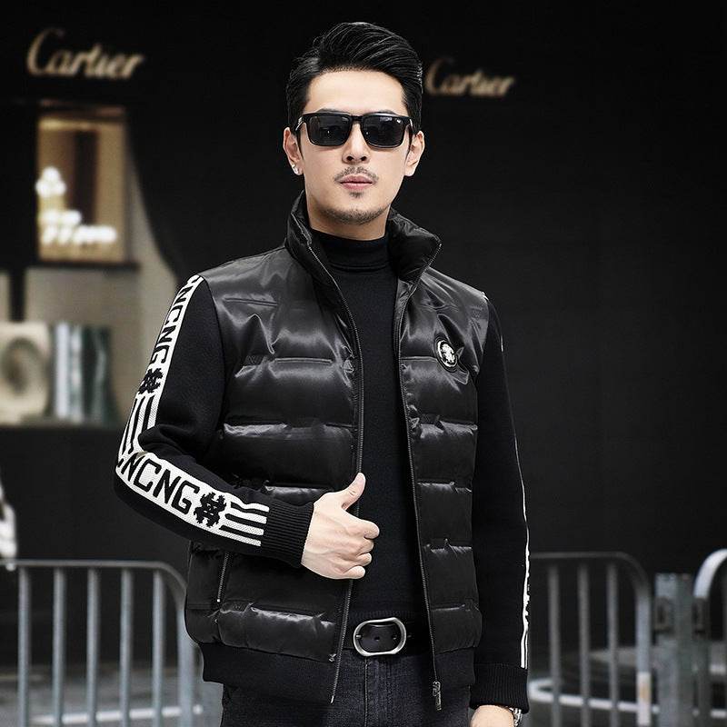 Down Jacket Men's Stand Collar Knitted Sleeve Casual Duck Down Coat - Mubimart