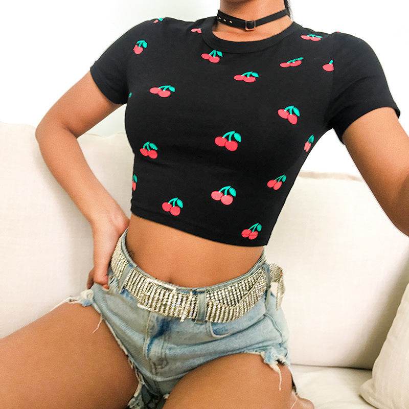 Black Cherry Summary Crop Top Tee Kawaii Shirt Women - Mubimart