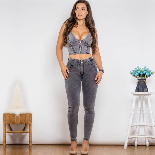 Shascullfites Shaper Suit Grey Denim Zipper Shaper Push Up Top Middle Waist Skinny Jeans Sets Of Women 2 Pieces Elegant - Mubimart