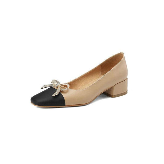 Bow Thick Heel Women's Black Work Shoes - Mubimart