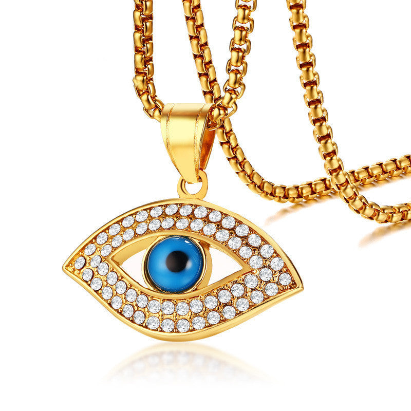 Mens Fashion Stainless Steel Rhinestone Evil Eye Pendant Necklace